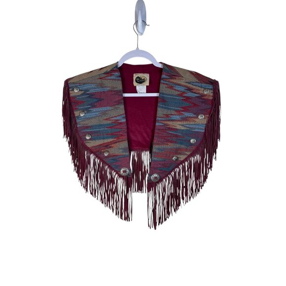 Western Collection Womens Fringe Vest Small Aztec Print Burgundy & Multicolor Ma - Picture 1 of 8